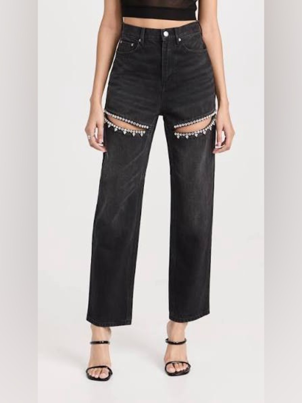 AREA Black Crystal Slit Jeans - NWT